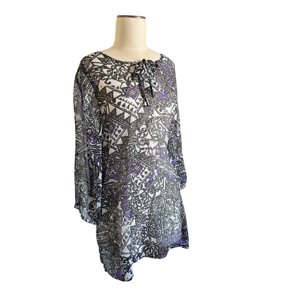 Chicos Size 2 Top Women's Size 12/L Black Purple Geometric Print Thin Popover